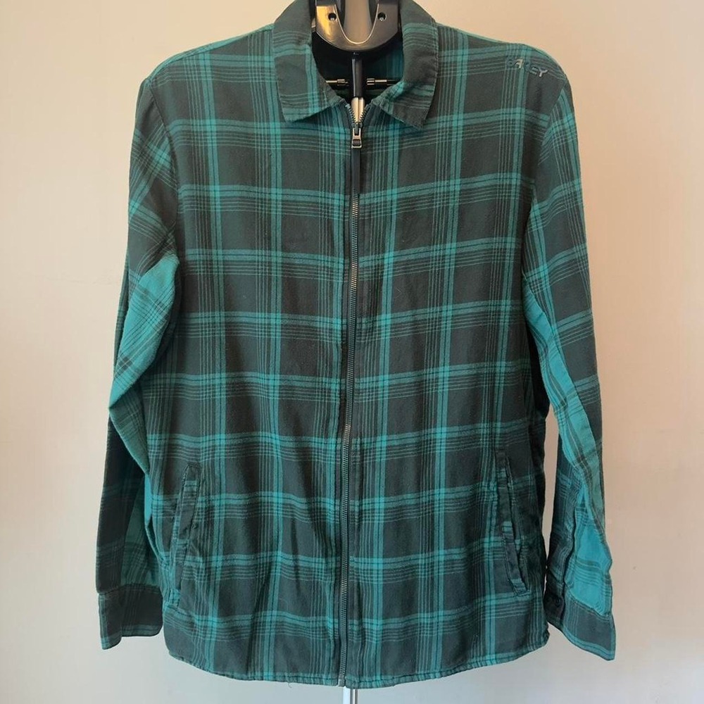 Oakley Zip Up Flannel Shirt Mens Medium Green Plaid Gorpcore Vintage 90s Grunge